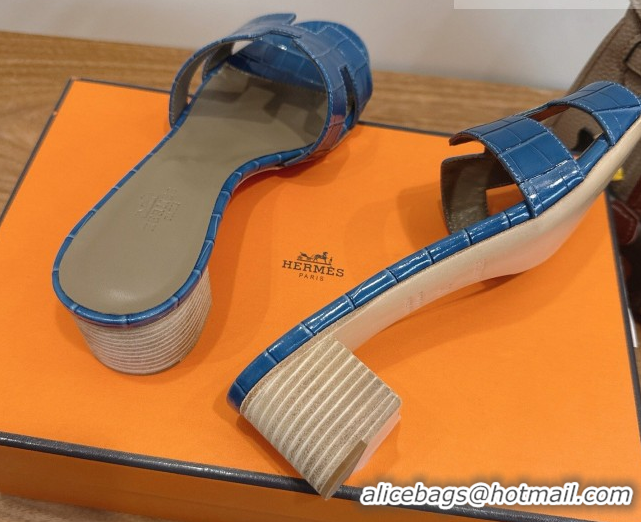 Popular Style Hermes Oasis Classic Heel Slides Sandal 4.5cm in Crocodile Embossed Leather Sky Blue 0304052