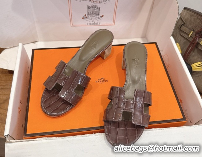 Shop Duplicate Hermes Oasis Classic Heel Slides Sandal 4.5cm in Crocodile Embossed Leather Chocolate 0304053
