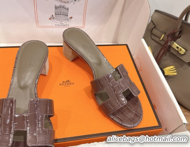 Shop Duplicate Hermes Oasis Classic Heel Slides Sandal 4.5cm in Crocodile Embossed Leather Chocolate 0304053