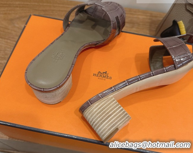 Shop Duplicate Hermes Oasis Classic Heel Slides Sandal 4.5cm in Crocodile Embossed Leather Chocolate 0304053