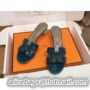 Top Grade Hermes Oasis Classic Heel Slides Sandal 4.5cm in Crocodile Embossed Leather Turquoise 0304054