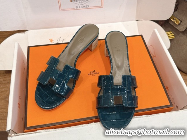 Top Grade Hermes Oasis Classic Heel Slides Sandal 4.5cm in Crocodile Embossed Leather Turquoise 0304054