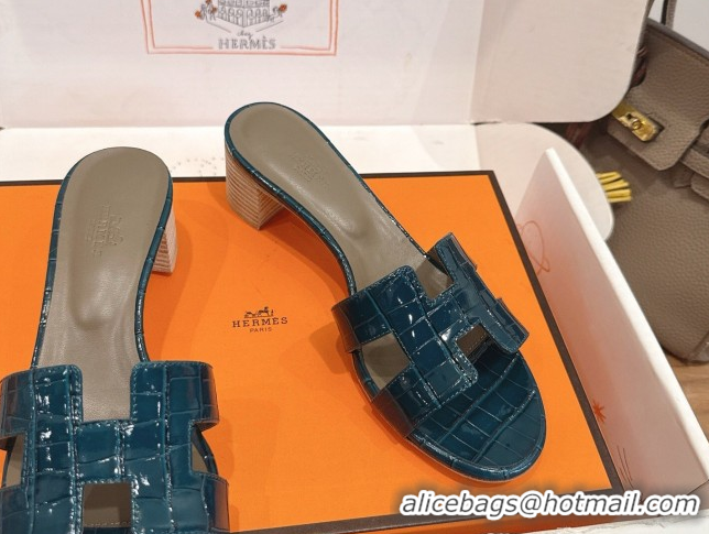 Top Grade Hermes Oasis Classic Heel Slides Sandal 4.5cm in Crocodile Embossed Leather Turquoise 0304054