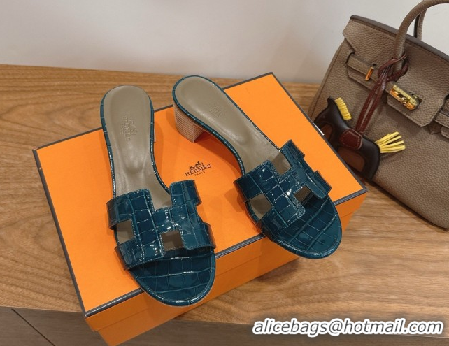 Top Grade Hermes Oasis Classic Heel Slides Sandal 4.5cm in Crocodile Embossed Leather Turquoise 0304054