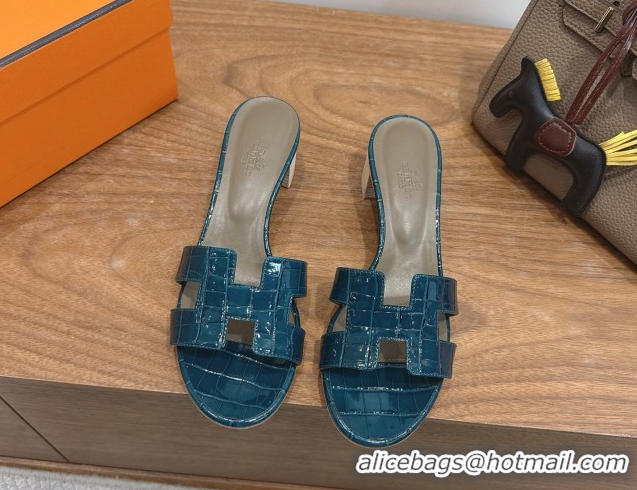Top Grade Hermes Oasis Classic Heel Slides Sandal 4.5cm in Crocodile Embossed Leather Turquoise 0304054