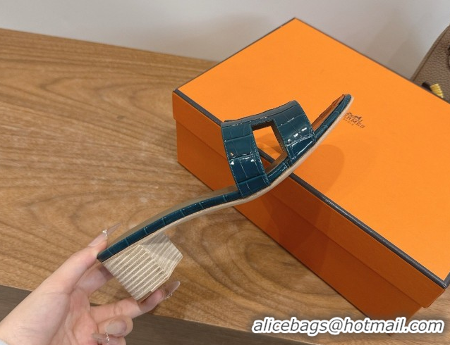 Top Grade Hermes Oasis Classic Heel Slides Sandal 4.5cm in Crocodile Embossed Leather Turquoise 0304054