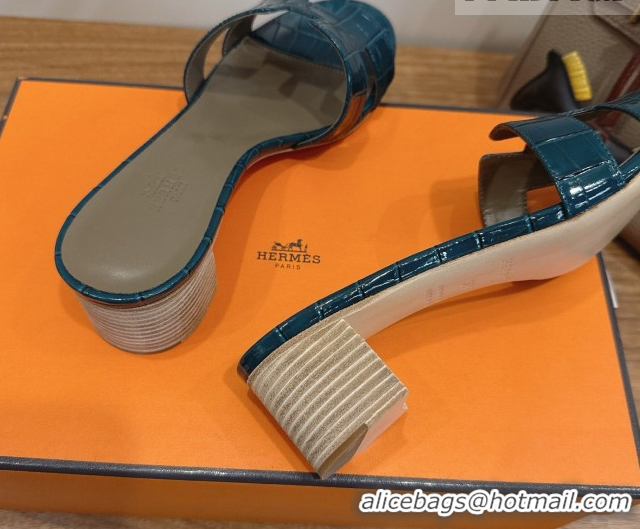 Top Grade Hermes Oasis Classic Heel Slides Sandal 4.5cm in Crocodile Embossed Leather Turquoise 0304054