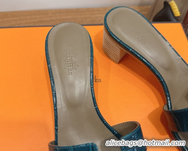 Top Grade Hermes Oasis Classic Heel Slides Sandal 4.5cm in Crocodile Embossed Leather Turquoise 0304054