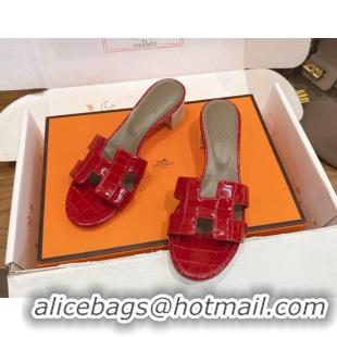 Unique Style Hermes Oasis Classic Heel Slides Sandal 4.5cm in Crocodile Embossed Leather Red 0304055