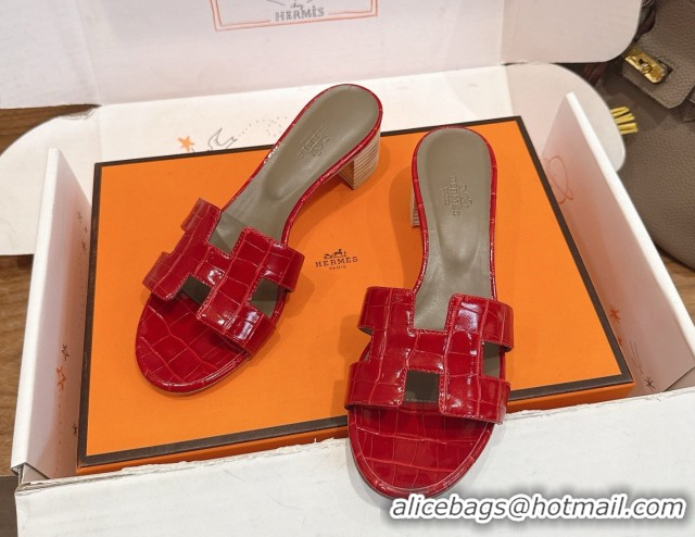 Unique Style Hermes Oasis Classic Heel Slides Sandal 4.5cm in Crocodile Embossed Leather Red 0304055