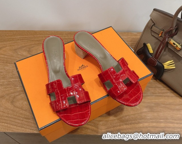 Unique Style Hermes Oasis Classic Heel Slides Sandal 4.5cm in Crocodile Embossed Leather Red 0304055