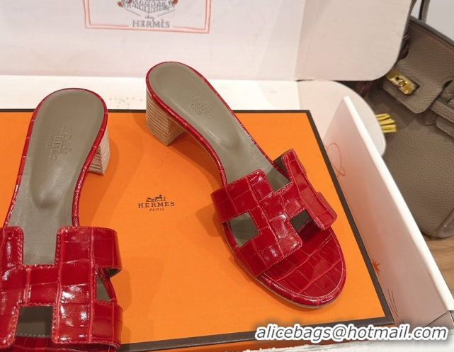 Unique Style Hermes Oasis Classic Heel Slides Sandal 4.5cm in Crocodile Embossed Leather Red 0304055