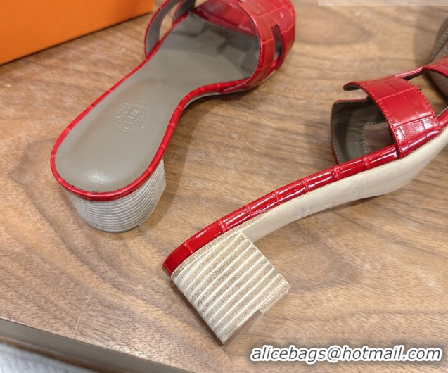 Unique Style Hermes Oasis Classic Heel Slides Sandal 4.5cm in Crocodile Embossed Leather Red 0304055