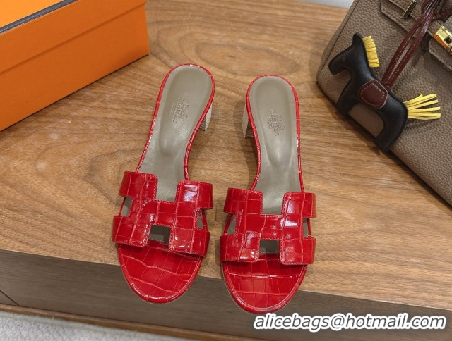 Unique Style Hermes Oasis Classic Heel Slides Sandal 4.5cm in Crocodile Embossed Leather Red 0304055