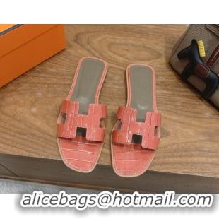Best Product Hermes Oran Classic Flat Slides Sandal in Crocodile Embossed Leather Coral Pink 0304056