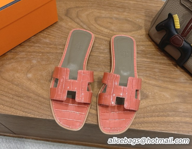 Best Product Hermes Oran Classic Flat Slides Sandal in Crocodile Embossed Leather Coral Pink 0304056