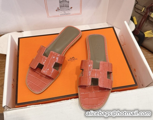 Best Product Hermes Oran Classic Flat Slides Sandal in Crocodile Embossed Leather Coral Pink 0304056