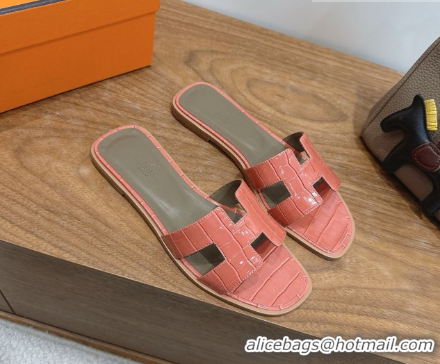 Best Product Hermes Oran Classic Flat Slides Sandal in Crocodile Embossed Leather Coral Pink 0304056
