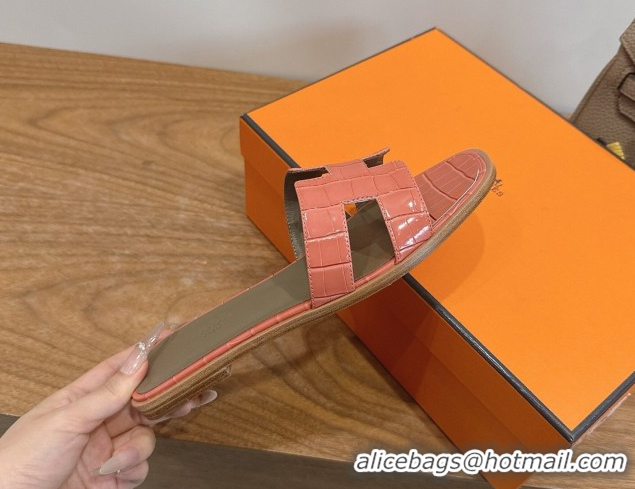 Best Product Hermes Oran Classic Flat Slides Sandal in Crocodile Embossed Leather Coral Pink 0304056