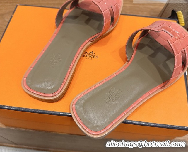 Best Product Hermes Oran Classic Flat Slides Sandal in Crocodile Embossed Leather Coral Pink 0304056