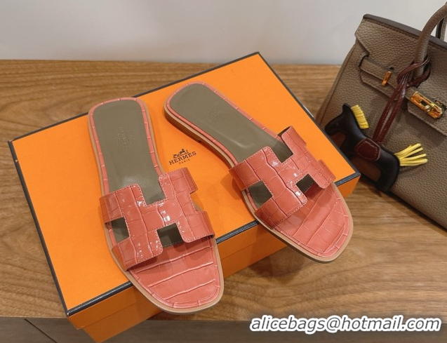 Best Product Hermes Oran Classic Flat Slides Sandal in Crocodile Embossed Leather Coral Pink 0304056