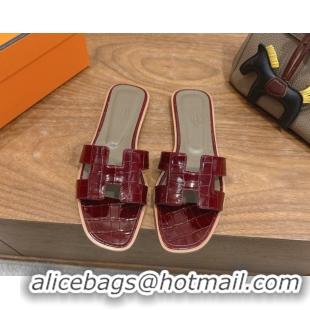 Pretty Style Hermes Oran Classic Flat Slides Sandal in Crocodile Embossed Leather Burgundy 0304058