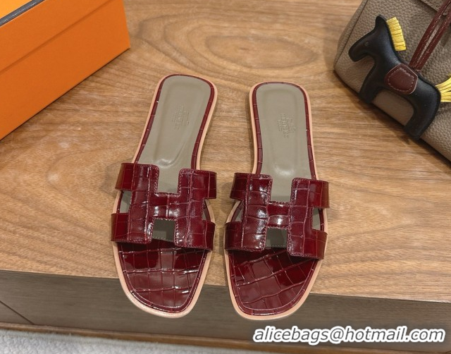 Pretty Style Hermes Oran Classic Flat Slides Sandal in Crocodile Embossed Leather Burgundy 0304058