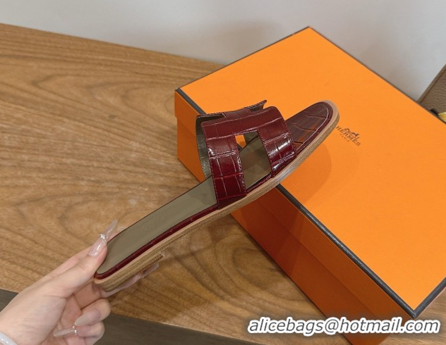Pretty Style Hermes Oran Classic Flat Slides Sandal in Crocodile Embossed Leather Burgundy 0304058