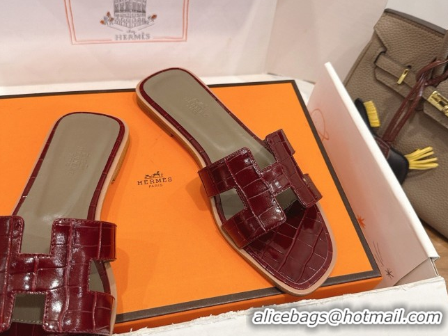 Pretty Style Hermes Oran Classic Flat Slides Sandal in Crocodile Embossed Leather Burgundy 0304058