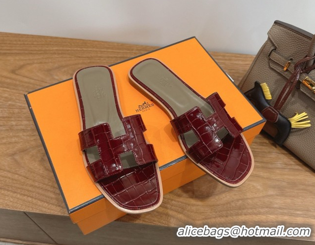 Pretty Style Hermes Oran Classic Flat Slides Sandal in Crocodile Embossed Leather Burgundy 0304058