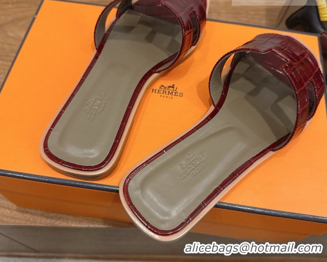 Pretty Style Hermes Oran Classic Flat Slides Sandal in Crocodile Embossed Leather Burgundy 0304058
