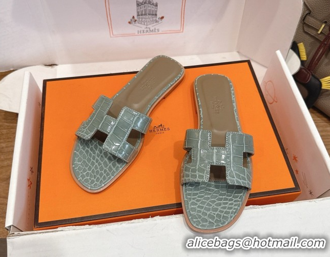 Grade Quality Hermes Oran Classic Flat Slides Sandal in Crocodile Embossed Leather Light Grey 0304057