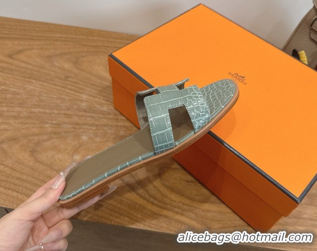 Grade Quality Hermes Oran Classic Flat Slides Sandal in Crocodile Embossed Leather Light Grey 0304057