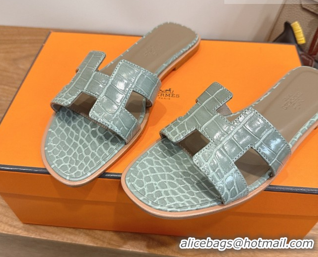 Grade Quality Hermes Oran Classic Flat Slides Sandal in Crocodile Embossed Leather Light Grey 0304057