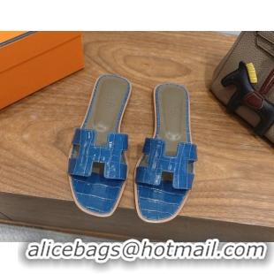 Good Quality Hermes Oran Classic Flat Slides Sandal in Crocodile Embossed Leather Sky Blue 0304060