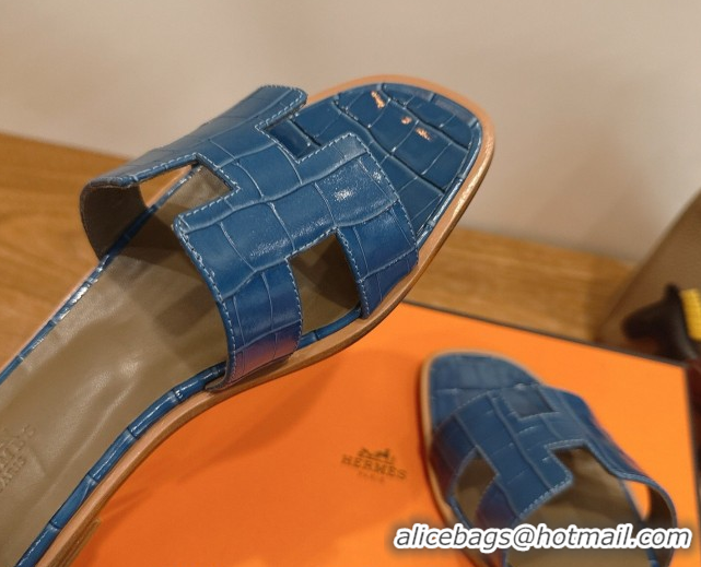 Good Quality Hermes Oran Classic Flat Slides Sandal in Crocodile Embossed Leather Sky Blue 0304060