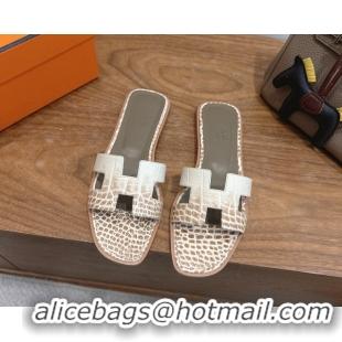 Durable Hermes Oran Classic Flat Slides Sandal in Crocodile Embossed Leather White/Brown 0304061
