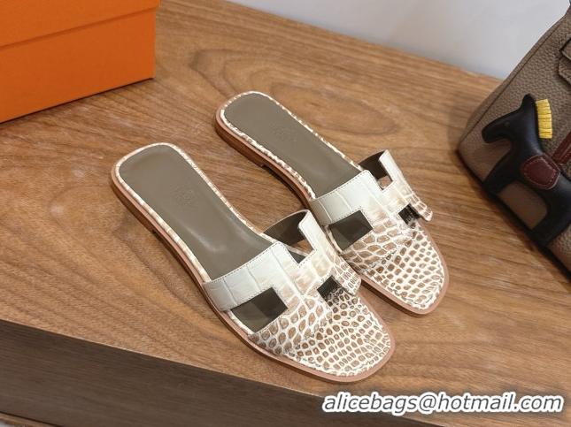 Durable Hermes Oran Classic Flat Slides Sandal in Crocodile Embossed Leather White/Brown 0304061