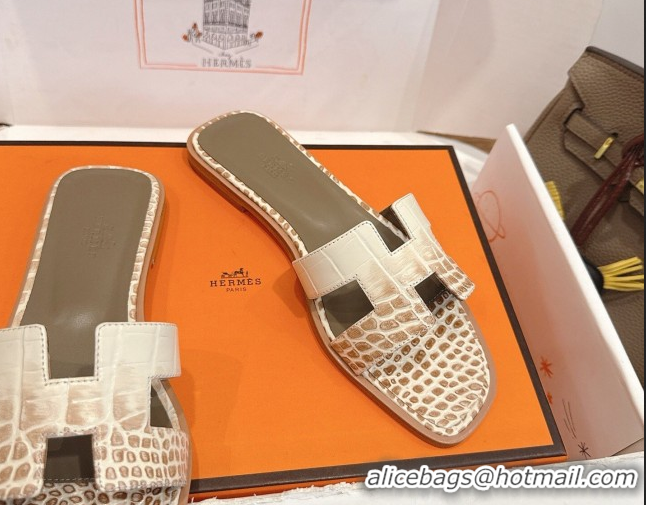 Durable Hermes Oran Classic Flat Slides Sandal in Crocodile Embossed Leather White/Brown 0304061