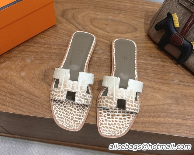 Durable Hermes Oran Classic Flat Slides Sandal in Crocodile Embossed Leather White/Brown 0304061