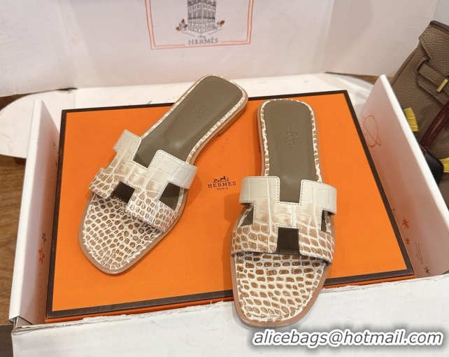 Durable Hermes Oran Classic Flat Slides Sandal in Crocodile Embossed Leather White/Brown 0304061