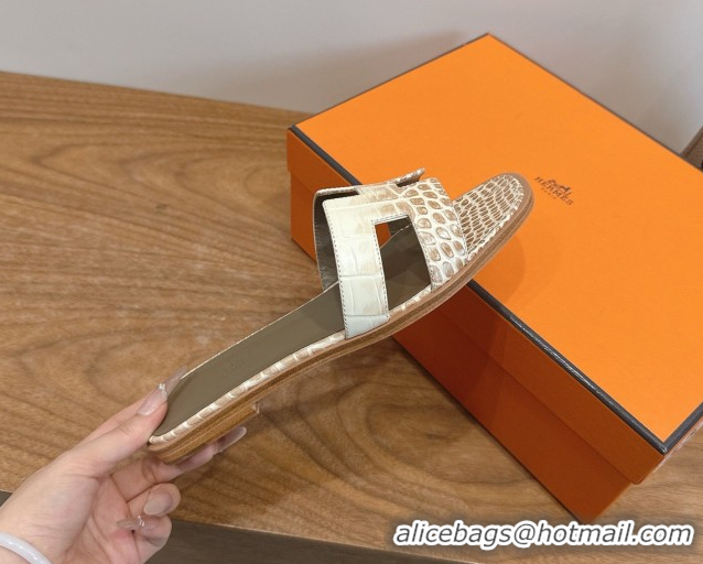 Durable Hermes Oran Classic Flat Slides Sandal in Crocodile Embossed Leather White/Brown 0304061