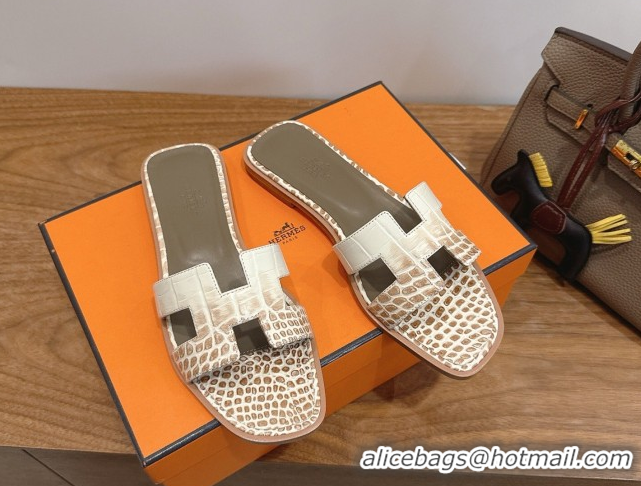 Durable Hermes Oran Classic Flat Slides Sandal in Crocodile Embossed Leather White/Brown 0304061