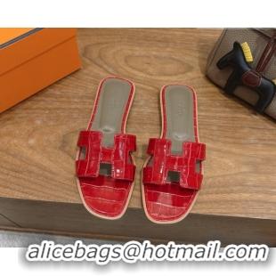 Luxurious Hermes Oran Classic Flat Slides Sandal in Crocodile Embossed Leather Red 0304062
