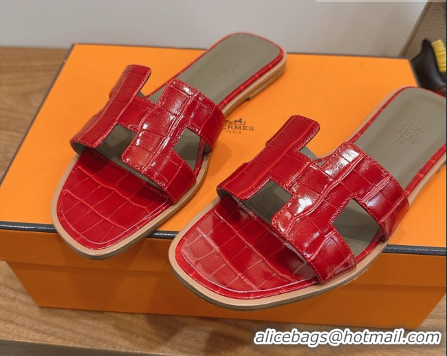 Luxurious Hermes Oran Classic Flat Slides Sandal in Crocodile Embossed Leather Red 0304062
