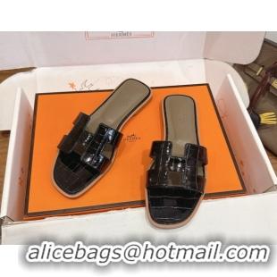 Best Price Hermes Oran Classic Flat Slides Sandal in Crocodile Embossed Leather Black 0304063