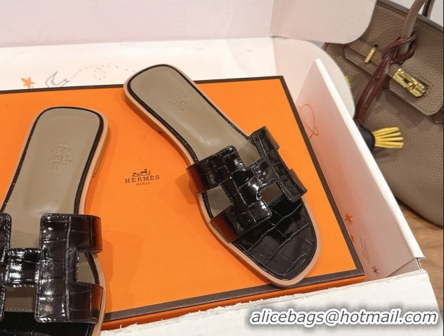 Best Price Hermes Oran Classic Flat Slides Sandal in Crocodile Embossed Leather Black 0304063