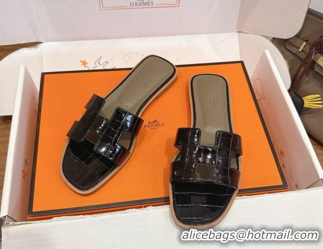 Best Price Hermes Oran Classic Flat Slides Sandal in Crocodile Embossed Leather Black 0304063