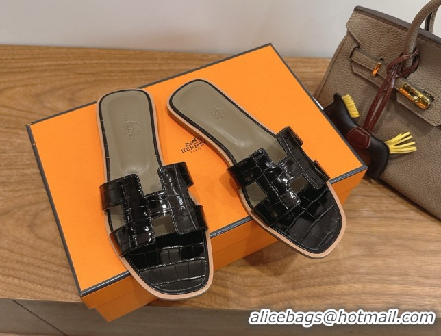 Best Price Hermes Oran Classic Flat Slides Sandal in Crocodile Embossed Leather Black 0304063