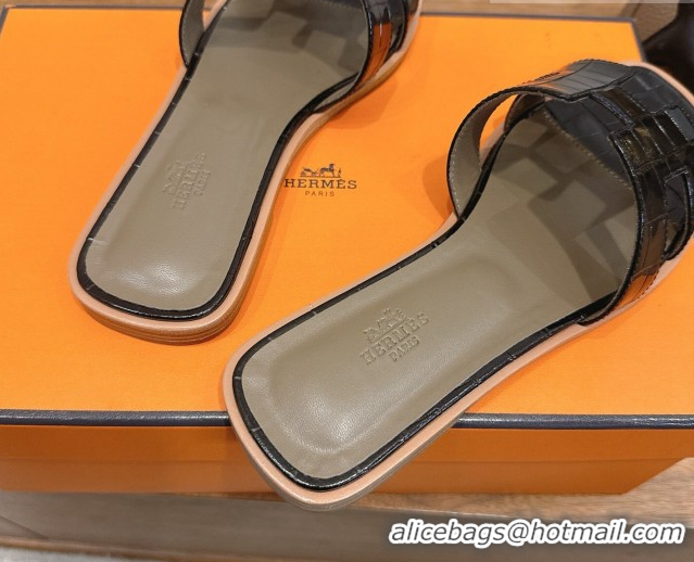 Best Price Hermes Oran Classic Flat Slides Sandal in Crocodile Embossed Leather Black 0304063